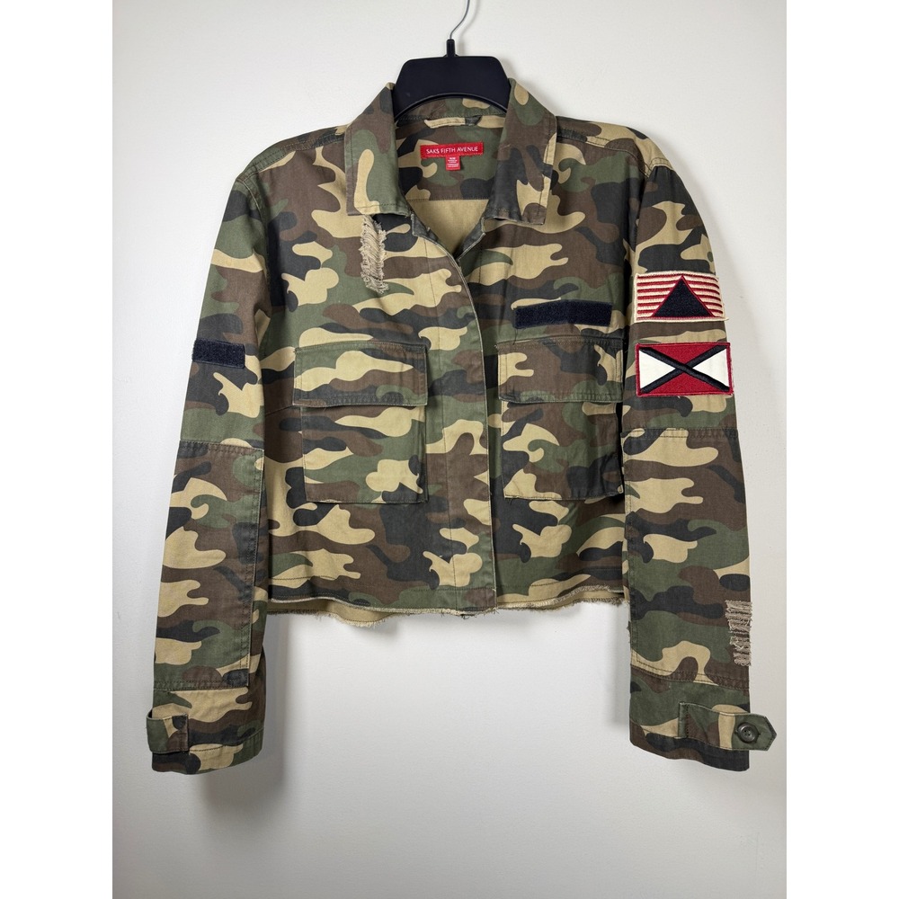 Saks Fifth Avenue Womens Camo Cropped Military Jacket Distressed Green Size M